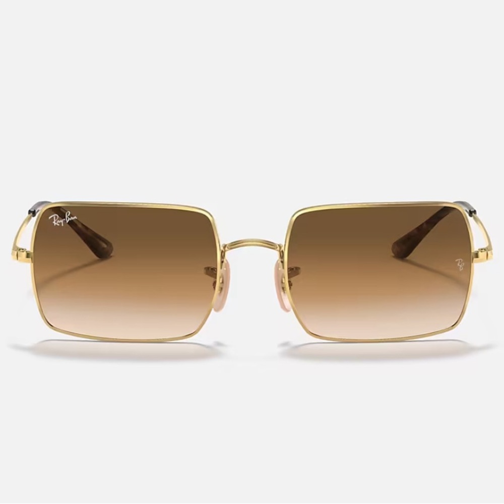 RayBan rectangle sunglasses, worn once! Polished gold with brown lenses.